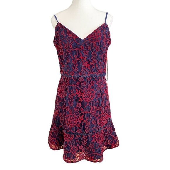 ADELYN RAE NAVY RED EMBROIDERED LACE SLEEVELESS FIT & FLARE COCKTAIL DRESS - M - Picture 3 of 11